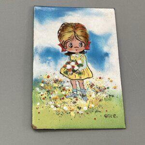 VTG Copper Enamel Art Decor Enamel Big Eyed Girl Plaque Parts Decor Craft Glice